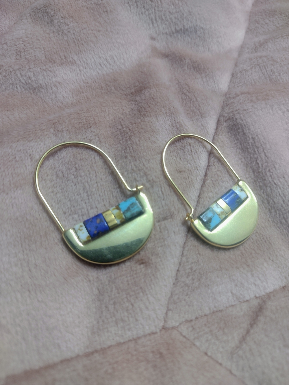 Gold-Tone Blue Inlay Semi-Circle Drop Earrings